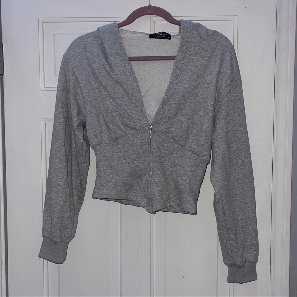 CIDER Gray Zip Up Crop Hoodie, Size S - Picture 2 of 5